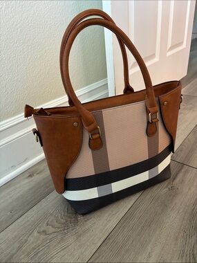 Women’s Brown Plaid Tote with Tan Leather Handles